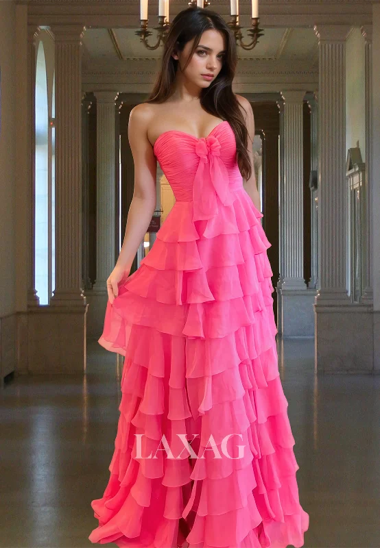 Designer DressSweetheart Off-Shoulder Sleeveless Fitted Prom Dress Pleated Bow Tiered Formal Gowns with Train