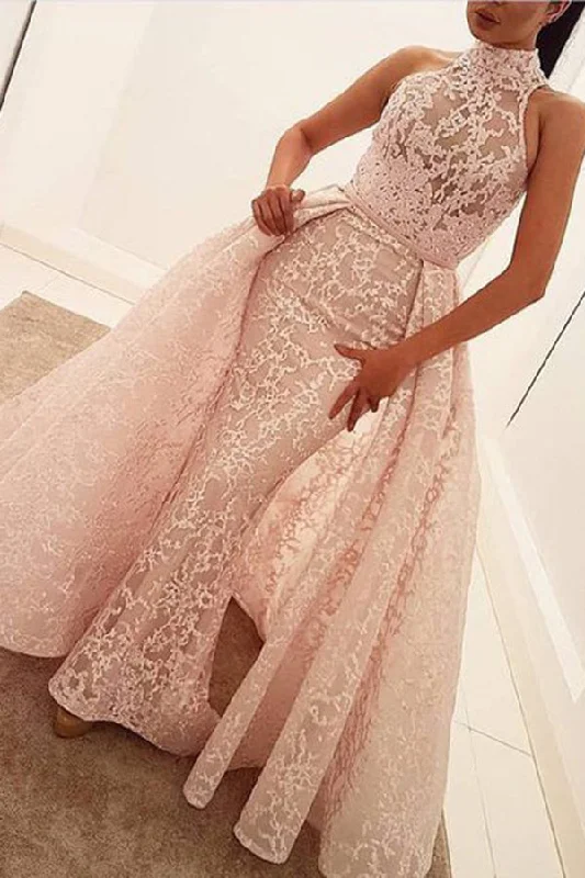 women's bodycon dressesUnique Mermaid High Neck Sleeveless Sweep Train Pearl Pink Lace Prom Dresses N832