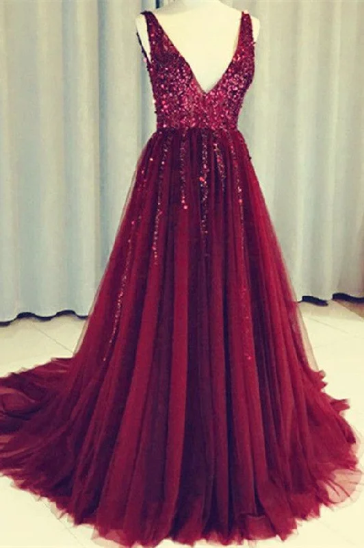 women's ruffle dressesDark Red V-Neck Sleeveless Tulle Prom Dresses with Sequins Long Sequined Evening Dresses N886
