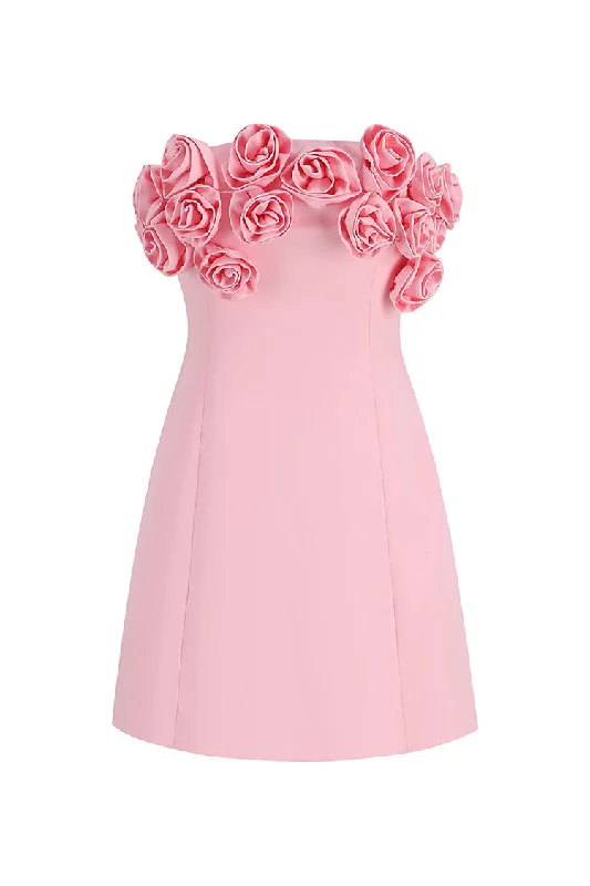 Neon DressRomantic 3D Rosette Embellished Bandeau Lace Up Back Party Mini Dress
