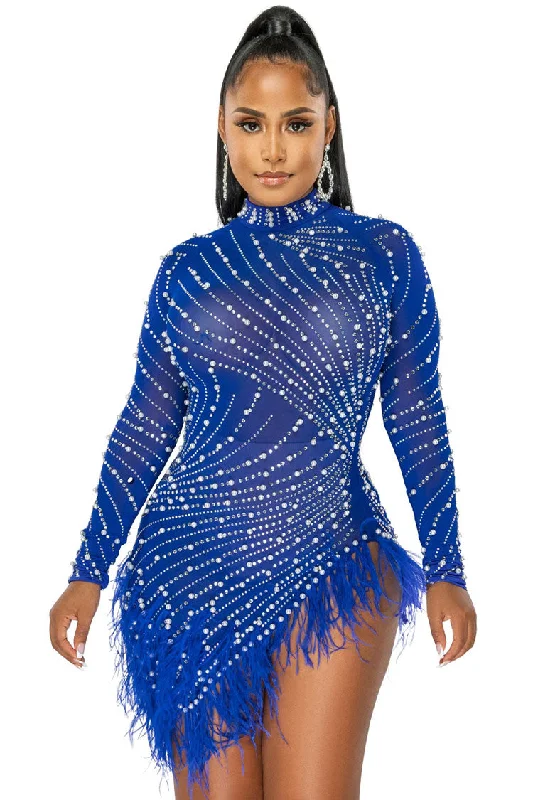 Ruffled Hem DressSparkly Crystal High Neck Sheer Mesh Bodycon Feather Party Mini Dress - Blue Ruffled Hem DressSparkly Crystal High Neck Sheer Mesh Bodycon Feather Party Mini Dress - Blue