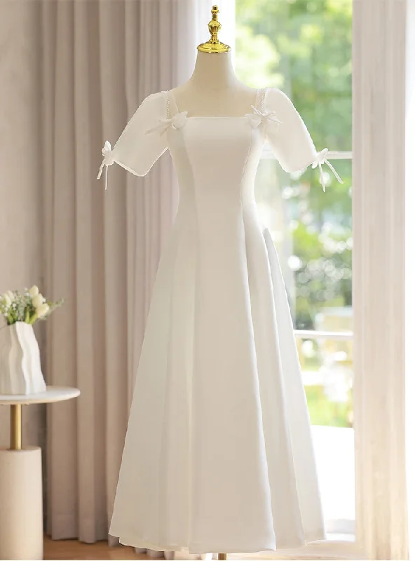 women's spaghetti strap dressesWhite Square Short Sleeve Bow Wedding Dress