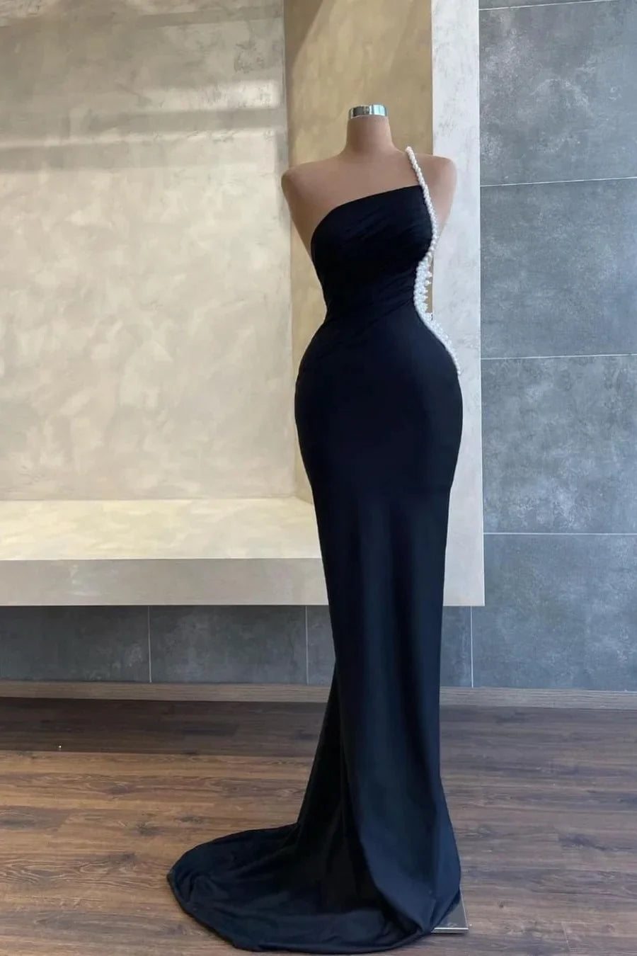 women's striped dressesBlack One Shoulder Pearl Beadings Mermaid Long Evening Dress