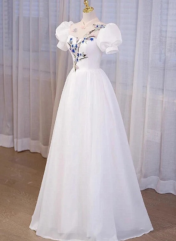 women's vintage dressesWhite High Neckline A-line Short Sleeves Party Dress, White Long Formal Dress women's vintage dressesWhite High Neckline A-line Short Sleeves Party Dress, White Long Formal Dress