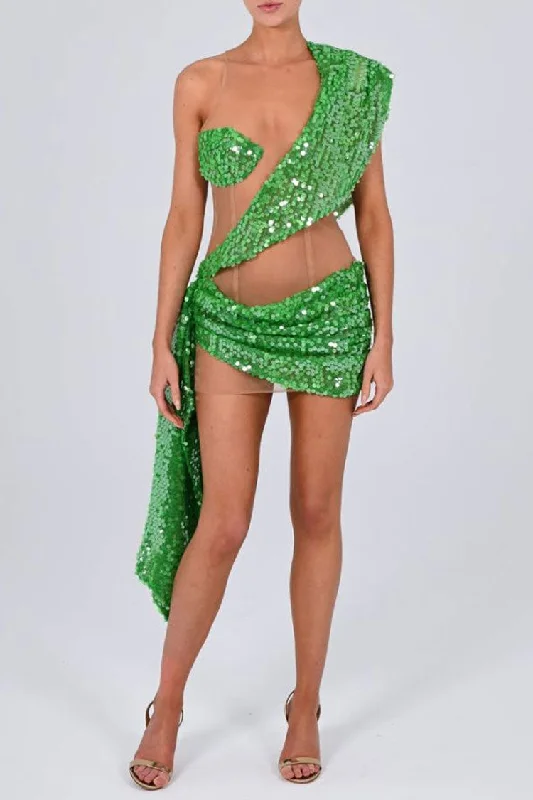 women's A-line dressesSparkly Sequin Panel Sheer Mesh Ruched Draped Bodycon Club Mini Dress - Green women's A-line dressesSparkly Sequin Panel Sheer Mesh Ruched Draped Bodycon Club Mini Dress - Green