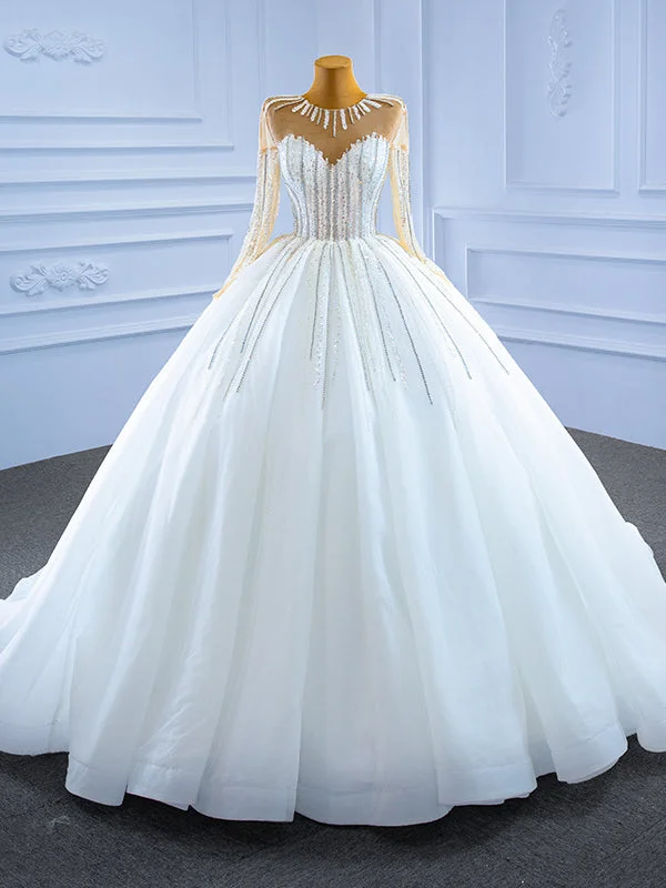 women's fashionable dressesWhite Tulle Long Sleeve Sequins Beading Wedding Dress
