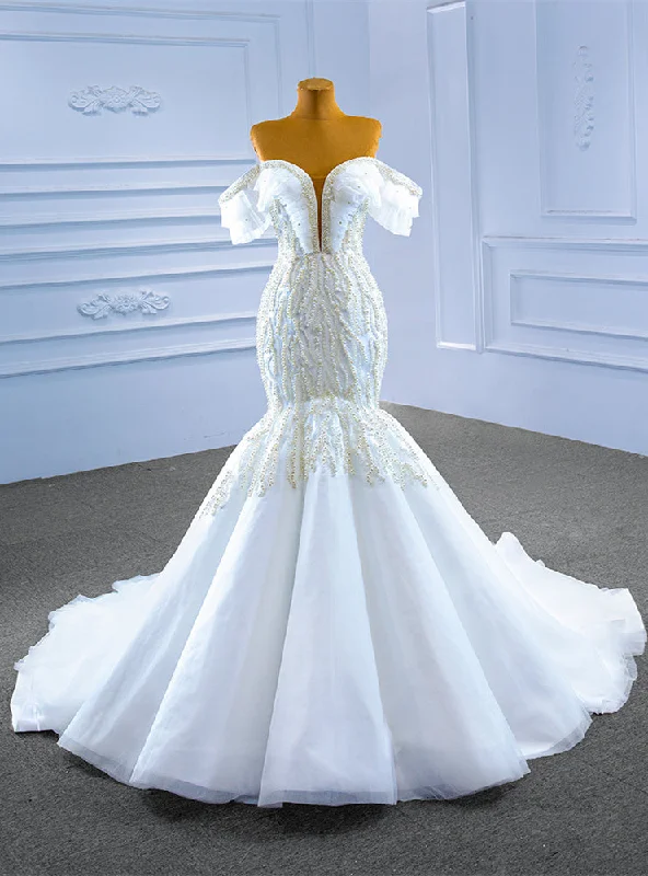 women's maxi dressesWhite Mermaid Tulle Off the Shoulder Pearls Wedding Dress