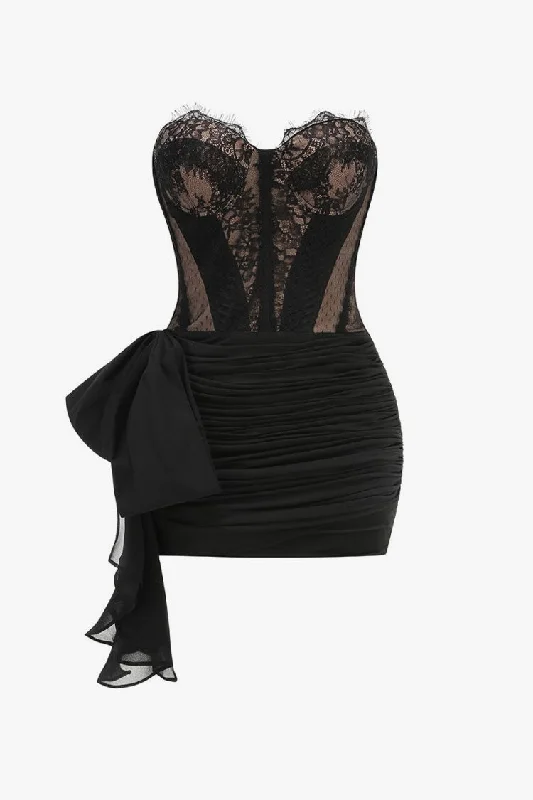 women's casual Friday dressesSexy Bustier Strapless Lace Corset Bow Tie Ruched Bodycon Party Mini Dress women's casual Friday dressesSexy Bustier Strapless Lace Corset Bow Tie Ruched Bodycon Party Mini Dress