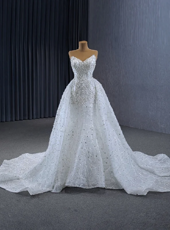 women's denim dressesWhite Mermaid Tulle Strapless Pearls Wedding Dress With Detachable Train
