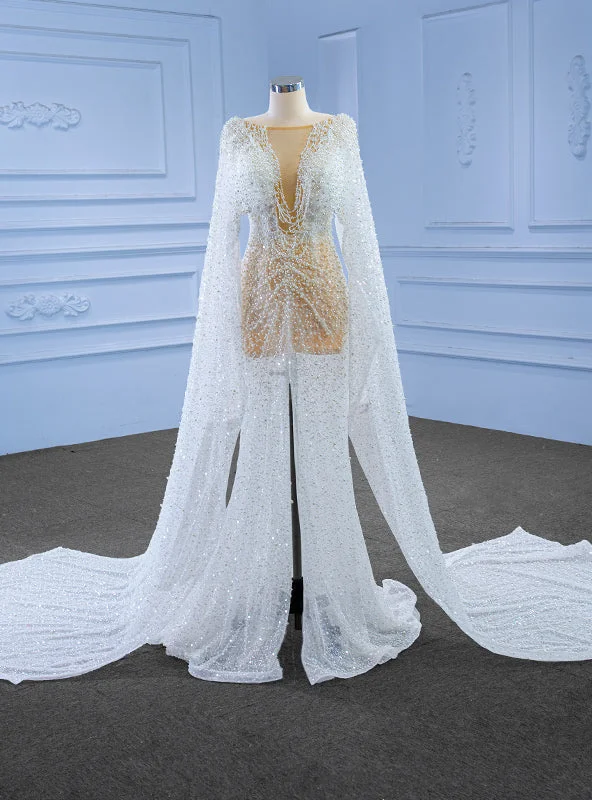 women's lace dressesWhite Sequins Pearls See Through Split Wedding Dress