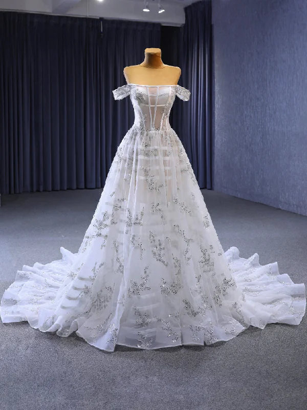 Casual DressWhite Tulle Off the Shoulder Beading Sequins Wedding Dress