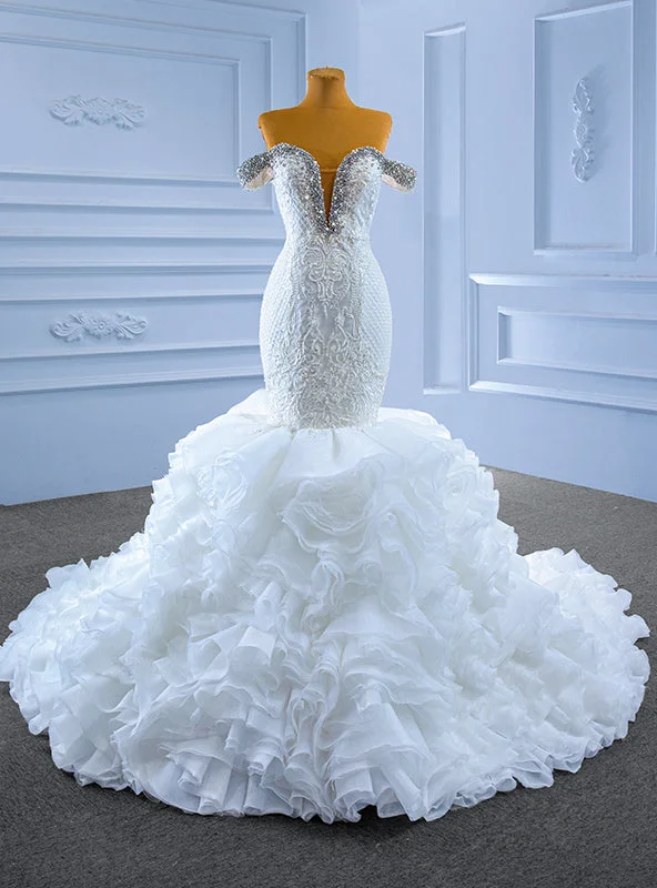 women's mother of the bride dressesWhite Mermaid Tulle Off the Shoulder Crystal Wedding Dress