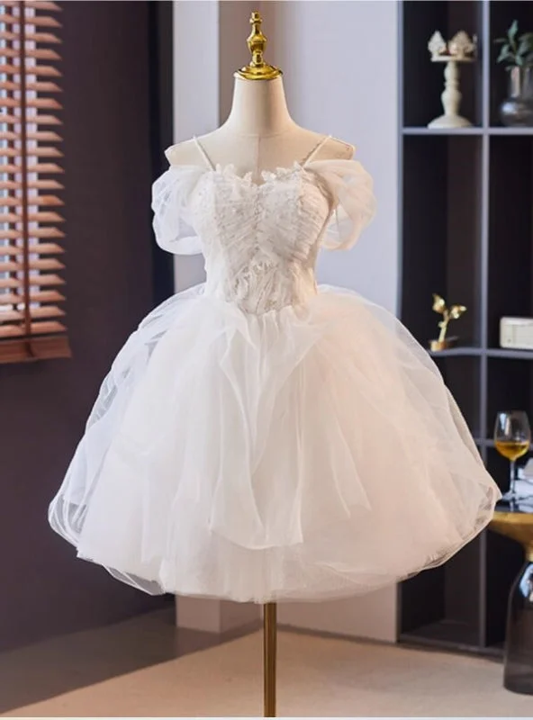 women's high-end dressesWhite Tulle Lace Spaghetti Straps Short Wedding Dress