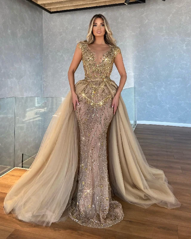 Flowy DressDetachable Train Embroidered Evening Gown