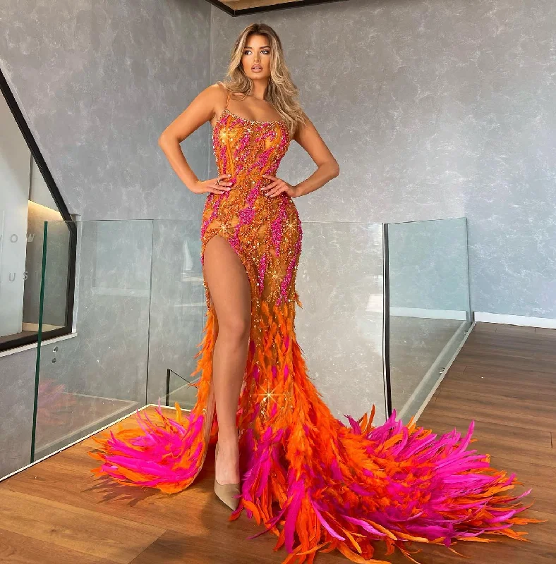 Skater DressSpaghetti Straps Feather Evening Gown