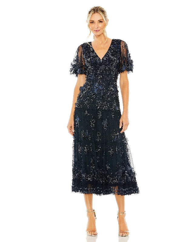 women's flutter-sleeved dressesMac Duggal 9207 Beaded Cocktail Tiered Tea Length Dress